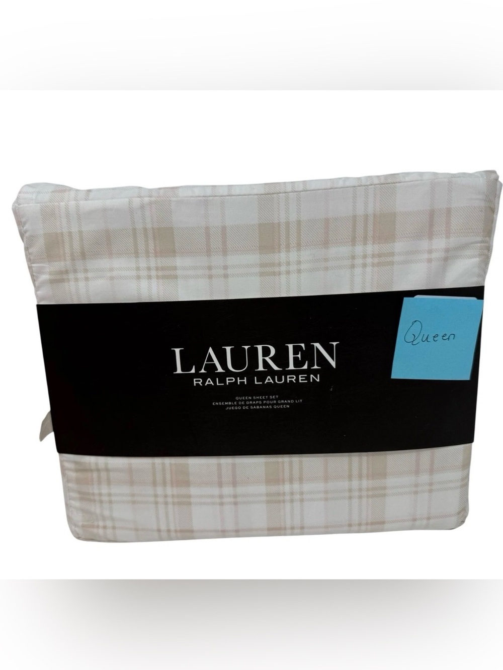 Lauren Ralph Lauren Erica Plaid Queen Sheet Set White Taupe Tan cotton NWT